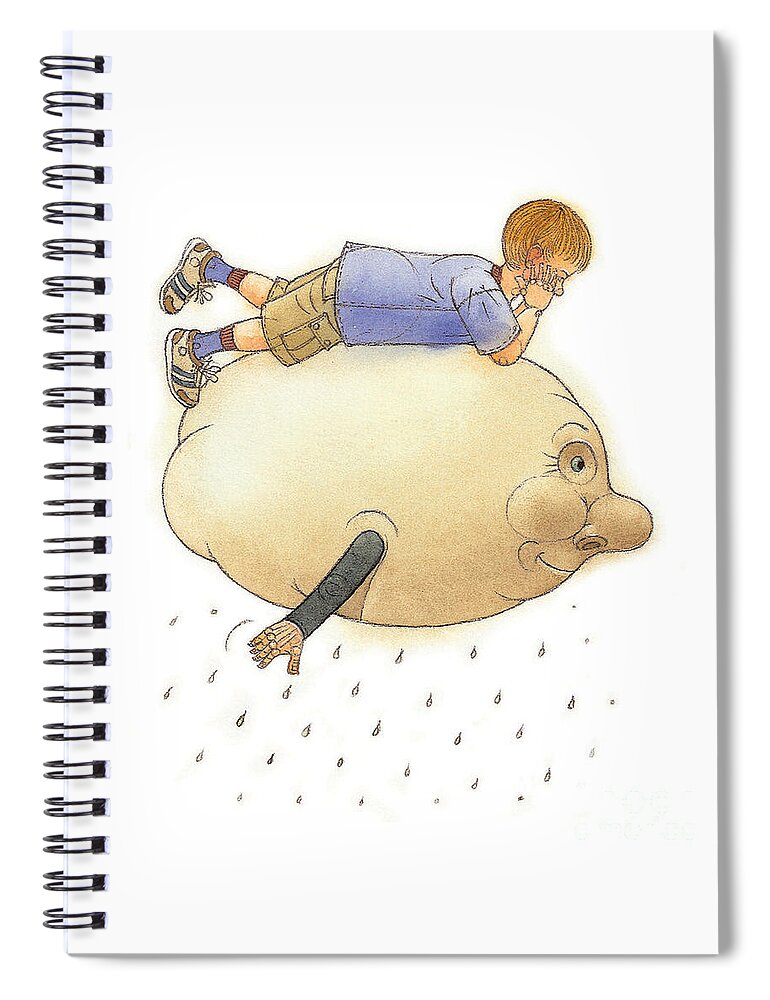 Clouds Sky Flying Boy White Blue Rain Spiral Notebook featuring the painting On a Cloud by Kestutis Kasparavicius
