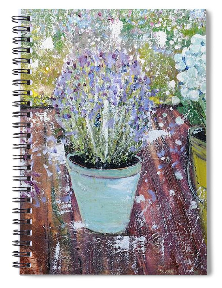 Flowers Spiral Notebook featuring the painting On Grandma's Porch by Evelina Popilian