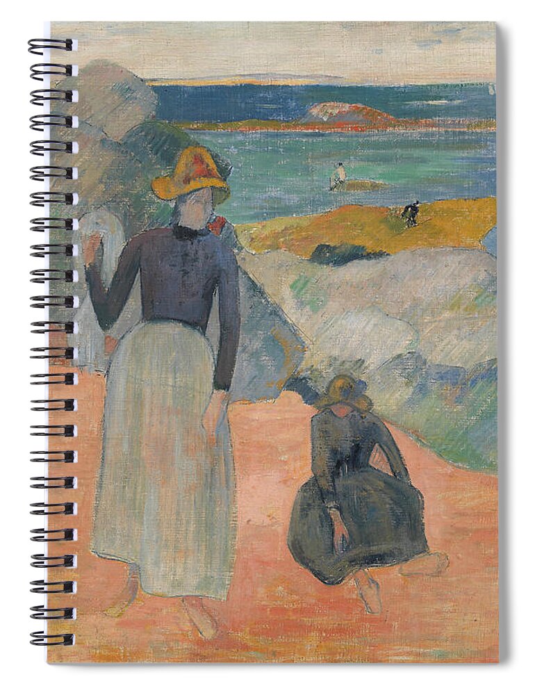 French Art Spiral Notebook featuring the painting On the Beach in Brittany by Paul Gauguin