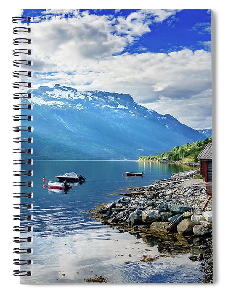 Europe Spiral Notebook featuring the photograph On the beach of Sorfjorden by Dmytro Korol