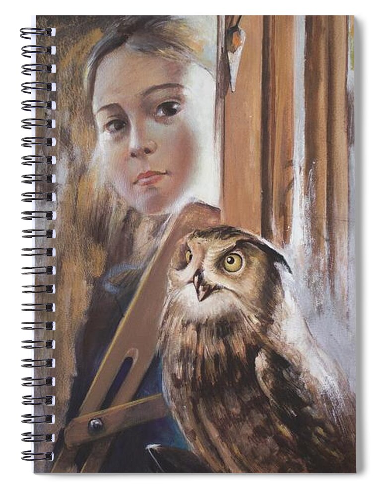 Owl Spiral Notebook featuring the painting On the brink of adulthood by Vali Irina Ciobanu