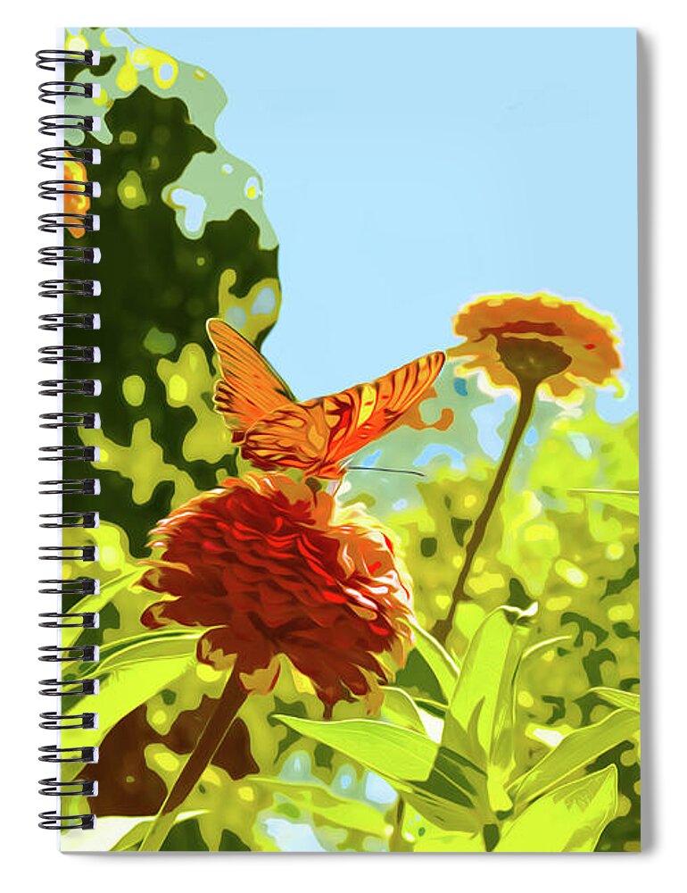 Blue Sky Spiral Notebook featuring the digital art Orange butterfly on Zinnia on Sunny Day by Susan Vineyard