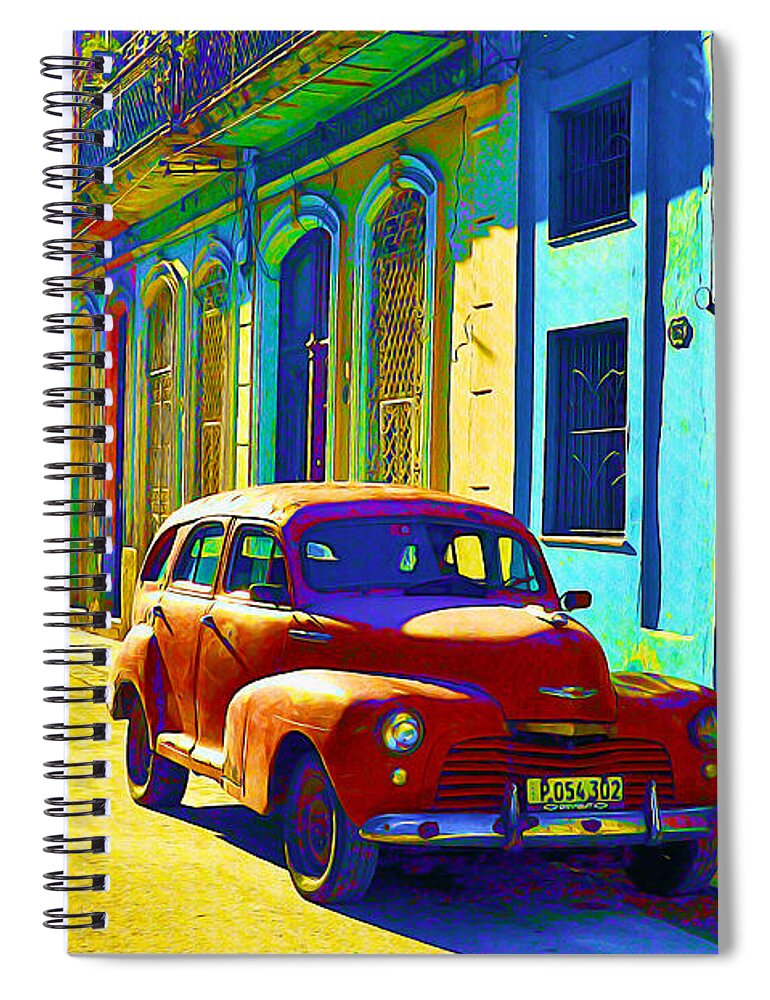 Havana Spiral Notebook featuring the painting Orange Classic Car - Havana Cuba by Chris Andruskiewicz