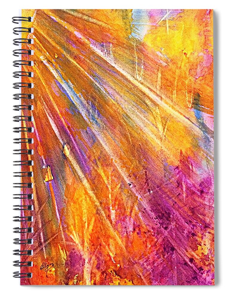 Sunburst Spiral Notebook featuring the painting Orange Sunburst Forest Abstract by Ellen Levinson