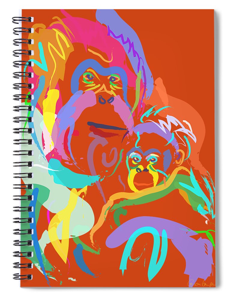 Orangutan Art Spiral Notebook featuring the painting Orangutan mom and baby by Go Van Kampen