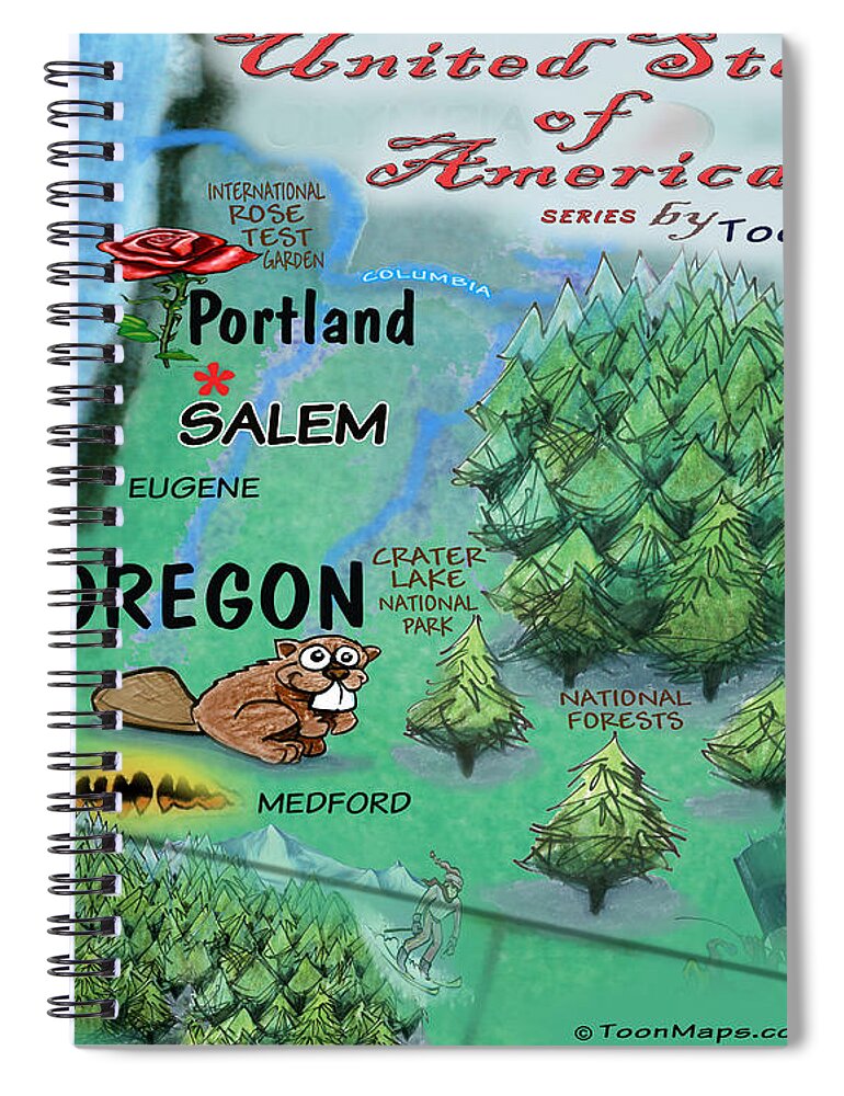 Oregon Spiral Notebook featuring the digital art Oregon Fun Map by Kevin Middleton