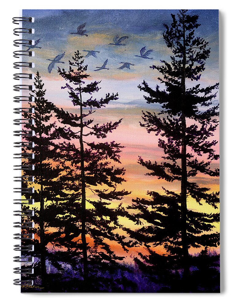 Oregon Spiral Notebook featuring the painting Oregon Sunset 1 by Laura Iverson