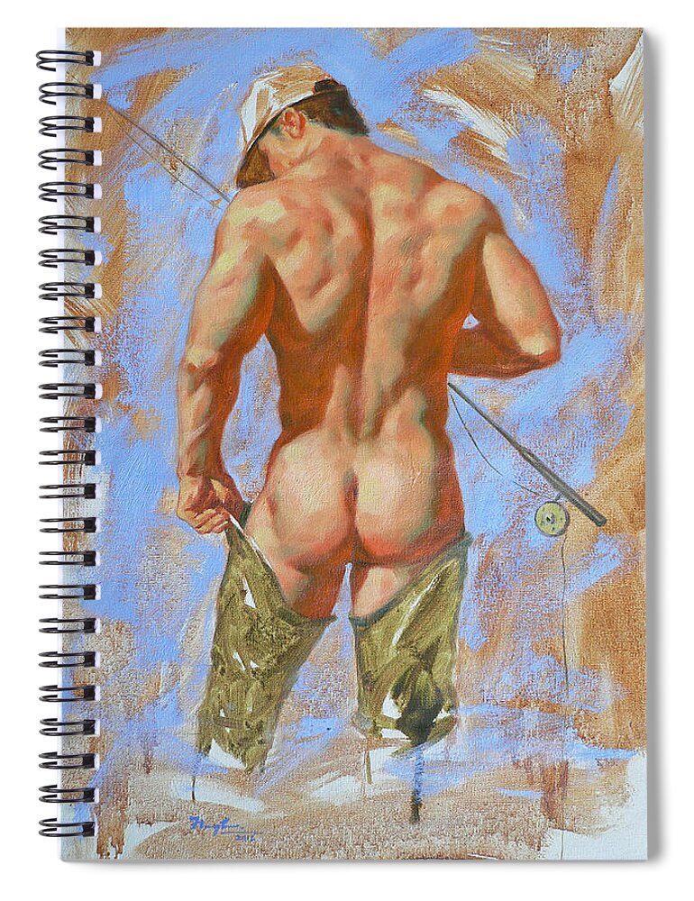 Original Art Spiral Notebook featuring the painting Original Oil Painting Art Male Nude Fisherman On Linen #16-2-20 by Hongtao Huang