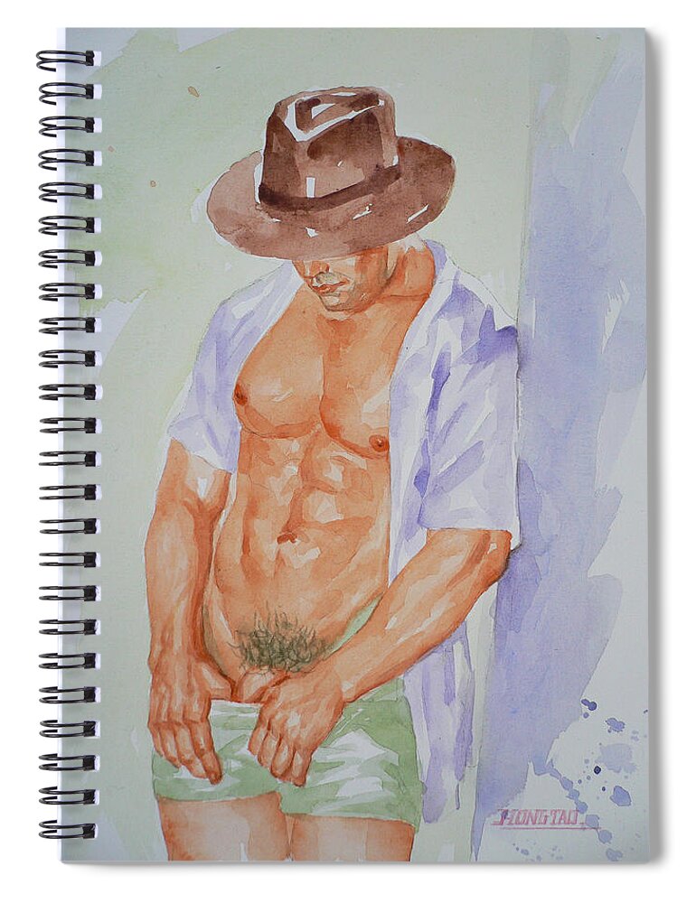 Original Art Spiral Notebook featuring the painting Original Watercolor Painting Art Male Nude Men Gay Interest On Paper #12-14-02 by Hongtao Huang