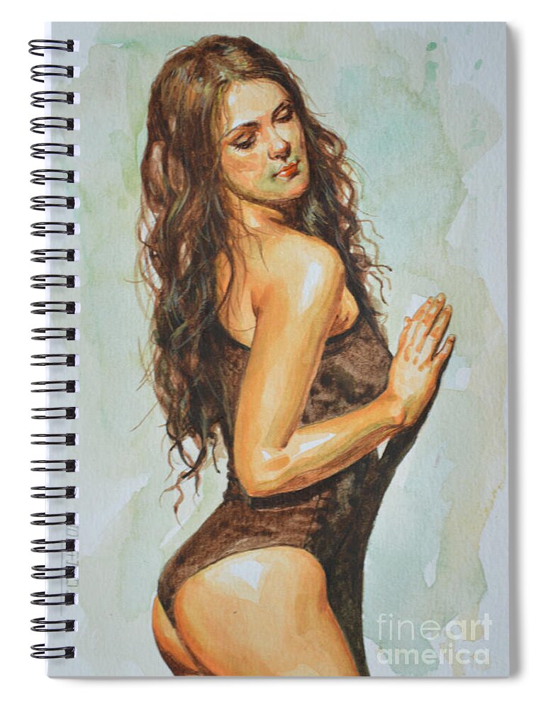 Original Artwork Spiral Notebook featuring the painting Original Watercolor Painting Drawing Female Nude Sexy Girl Woman On Paper #7-1-7 by Hongtao Huang
