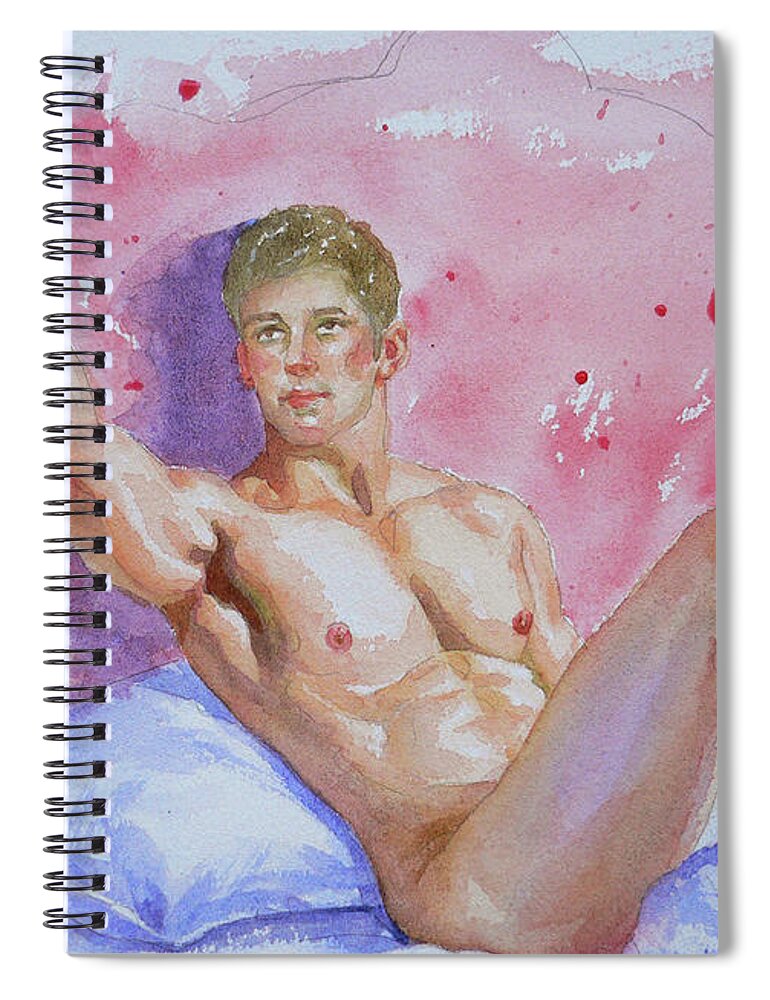 Male Nude Spiral Notebook featuring the painting Original Watercolour Male Nude Take A Photo #17529 by Hongtao Huang