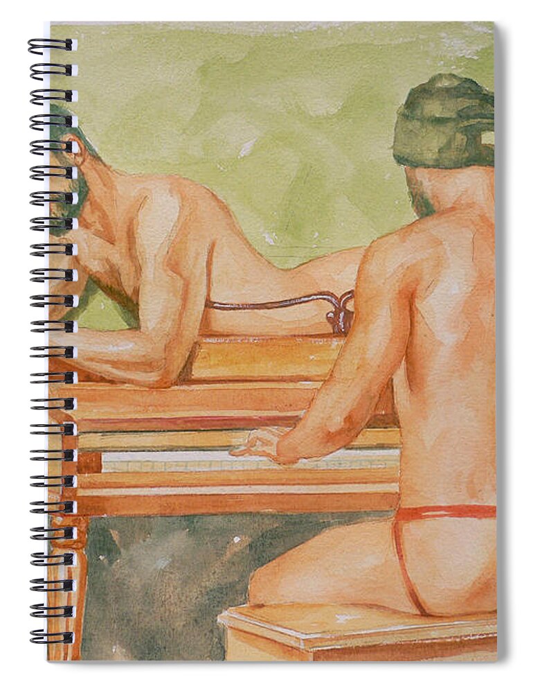 Original Art Spiral Notebook featuring the painting Original Watercolour Painting Male Nude Paly Piano On Paper #16-3-11-07 by Hongtao Huang