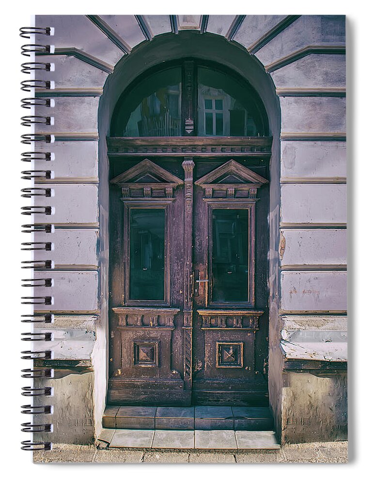 Gate Spiral Notebook featuring the photograph Ornamented wooden gate in violet tones by Jaroslaw Blaminsky