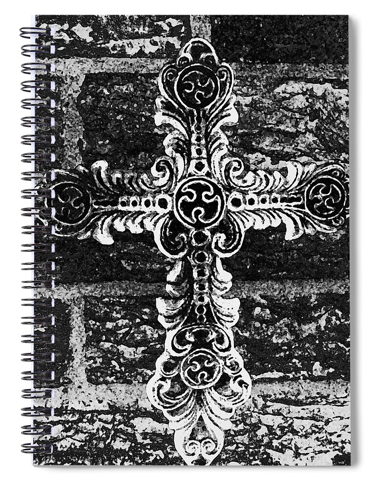 Iron Spiral Notebook featuring the photograph Ornate Cross 3 BW by Angelina Tamez