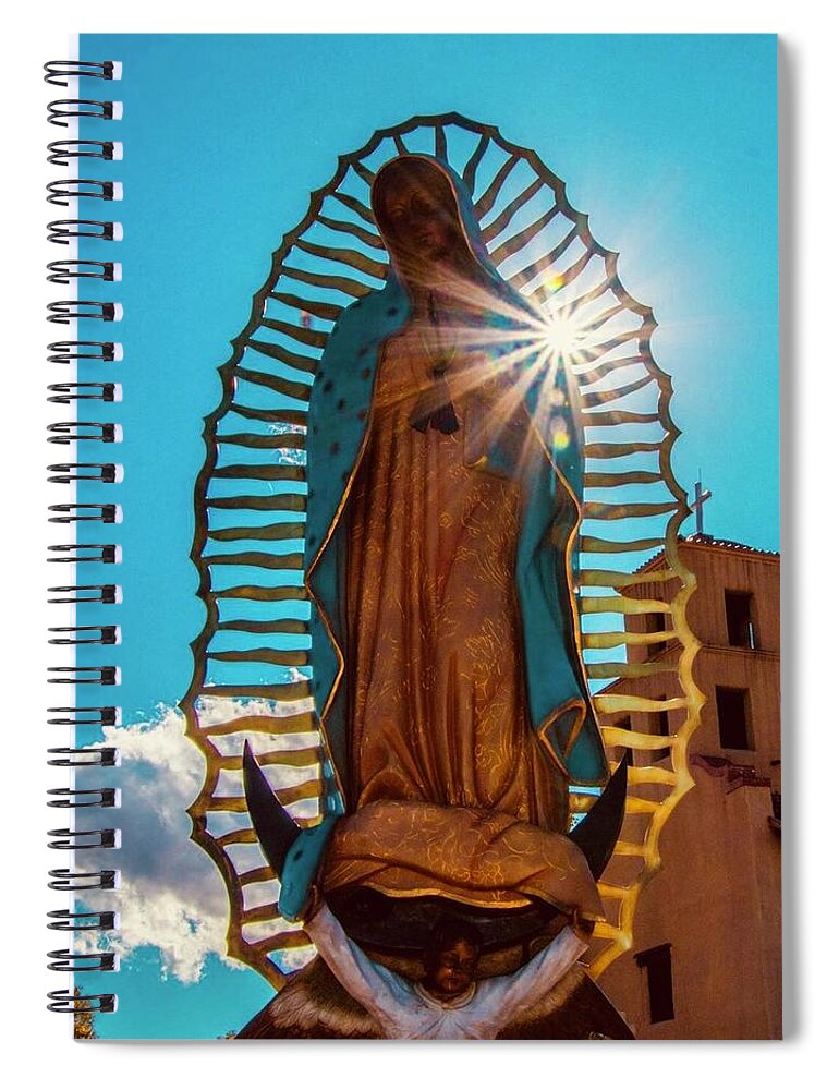 Northern New Mexico Spiral Notebook featuring the pyrography Our lady of Guadalupe sun by Frederick Silva