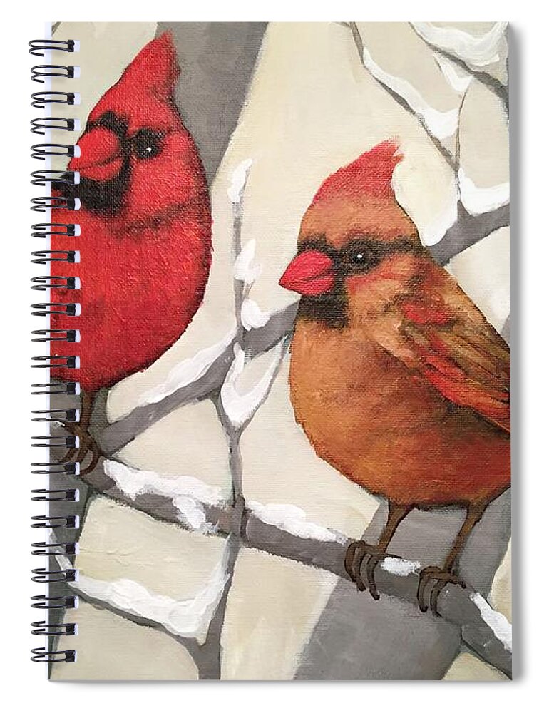 Bird Spiral Notebook featuring the painting Our visitors cadinals by Inese Poga