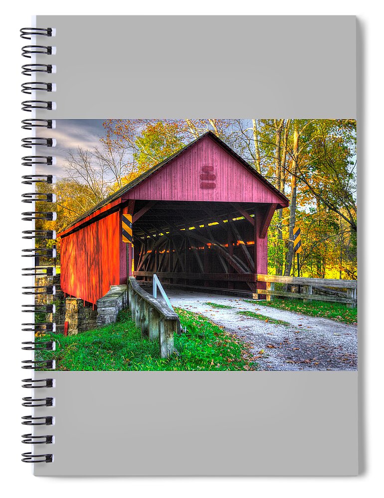 Bailey Covered Bridge Spiral Notebook featuring the photograph PA Country Roads - Bailey Covered Bridge Over Ten Mile Creek No. 2A - Autumn Washington County by Michael Mazaika