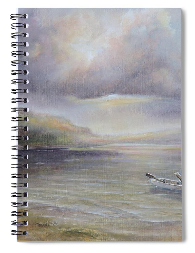 Luczay Spiral Notebook featuring the painting Beach by Sruce Run Lake in New Jersey at sunrise with a boat by Katalin Luczay