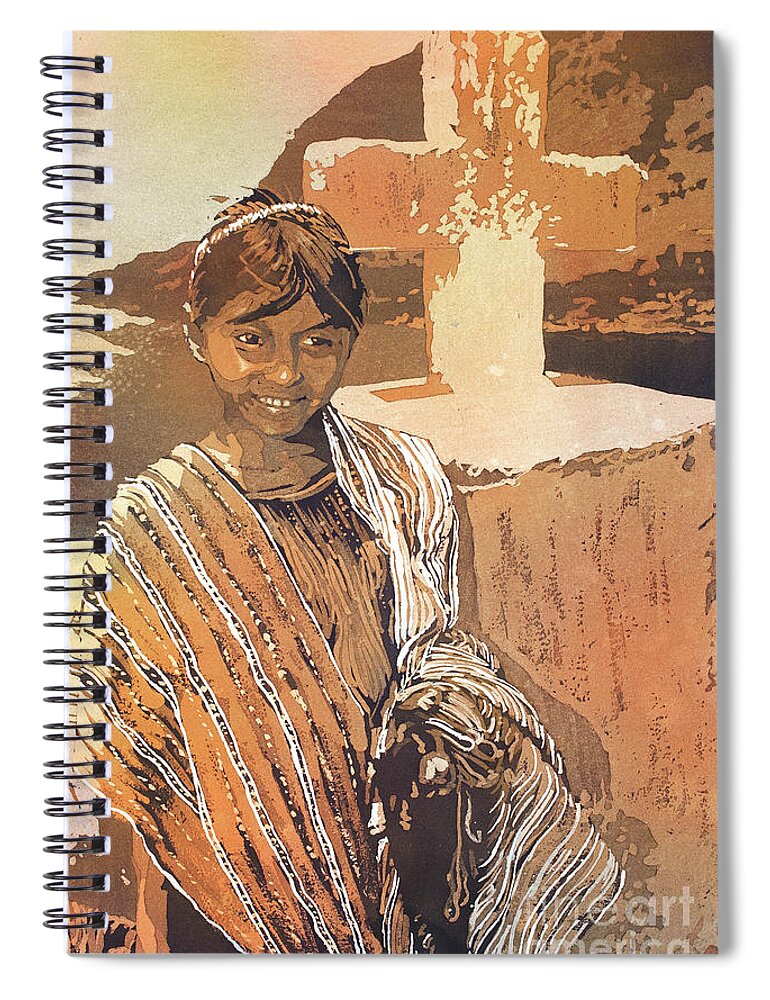 Antigua Spiral Notebook featuring the painting Painting of traditional dressed girl in front of cross at Lake A by Ryan Fox