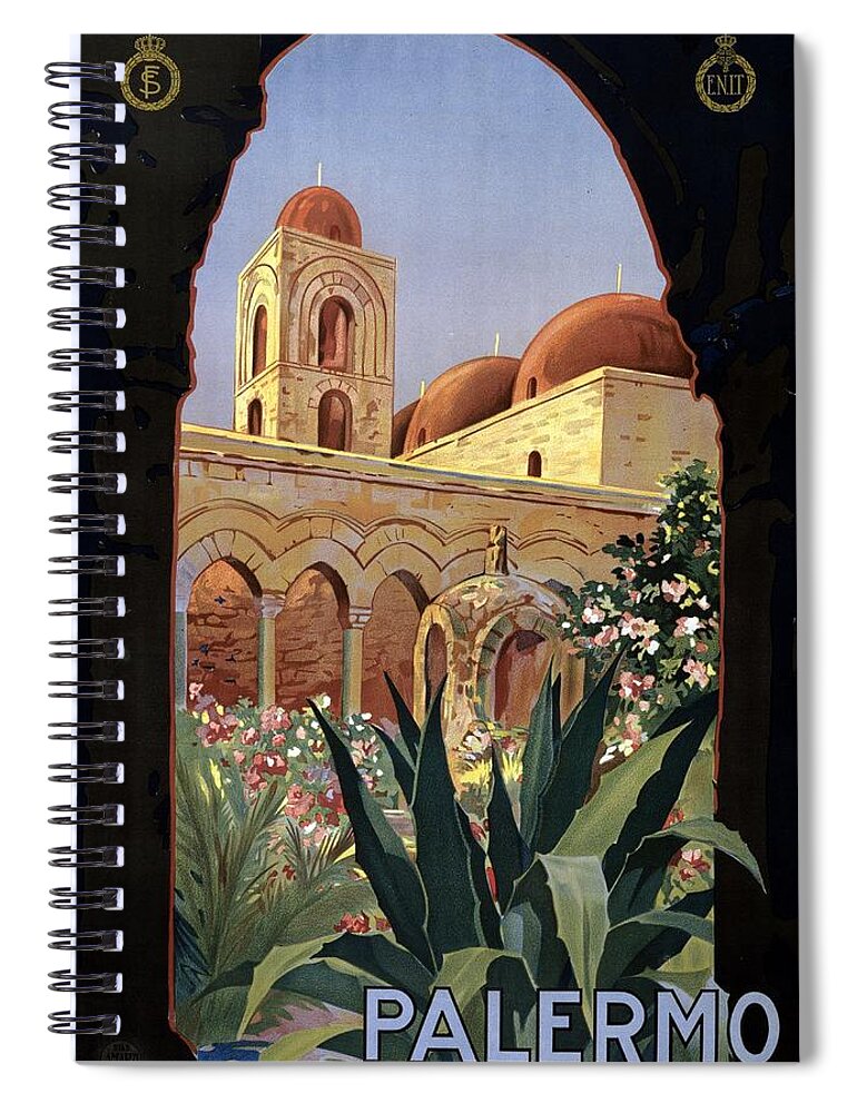 Palermo Spiral Notebook featuring the mixed media Palermo, Sicily, Italy - Garden Courtyard with Arcade and Tower - Retro travel Poster by Studio Grafiikka