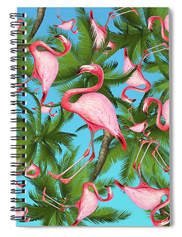  Summer Spiral Notebook featuring the digital art Palm tree and flamingos by Mark Ashkenazi