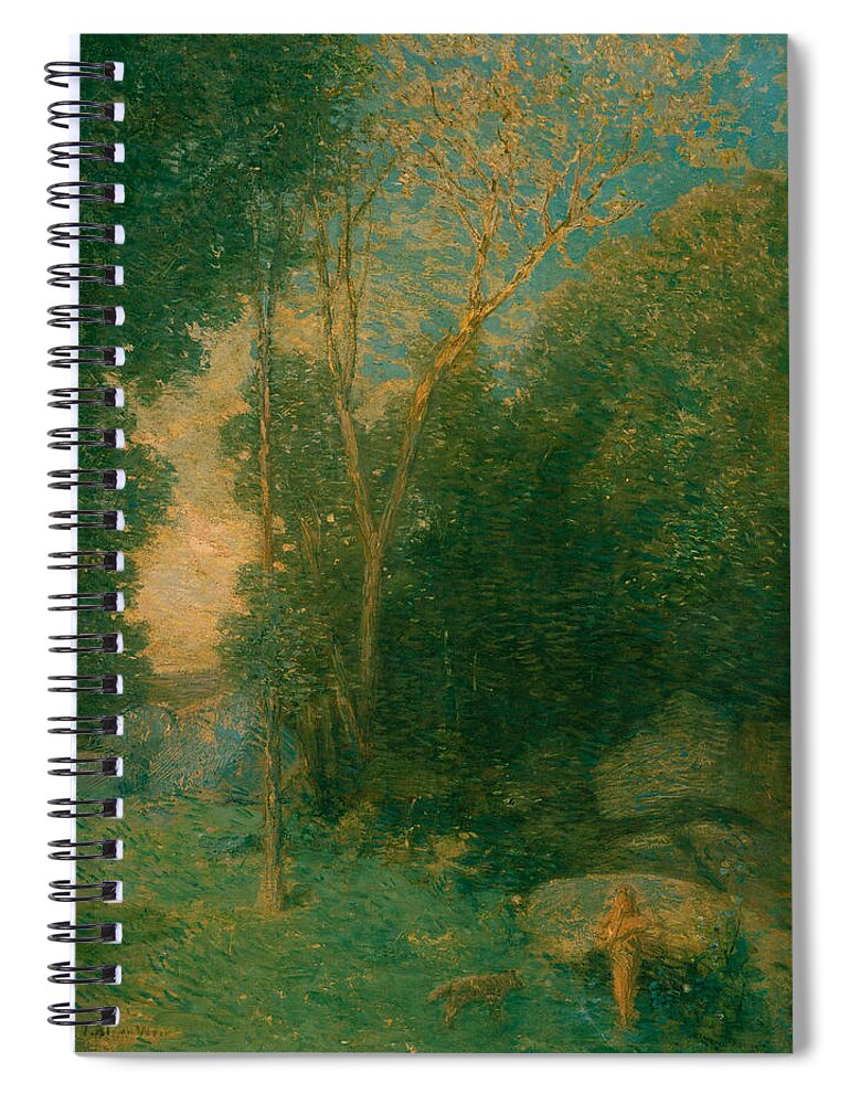 Julian Alden Weir Spiral Notebook featuring the painting Pan and the Wolf by Julian Alden Weir