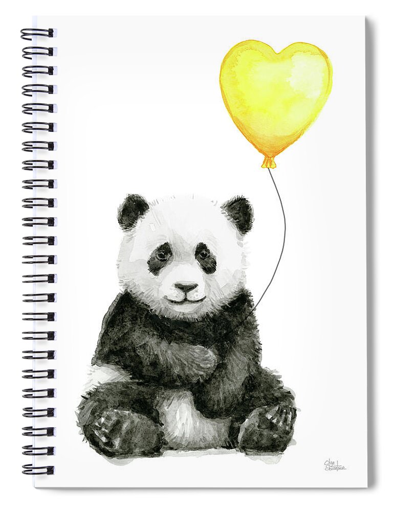 Baby Panda Spiral Notebook featuring the painting Panda Baby with Yellow Balloon by Olga Shvartsur