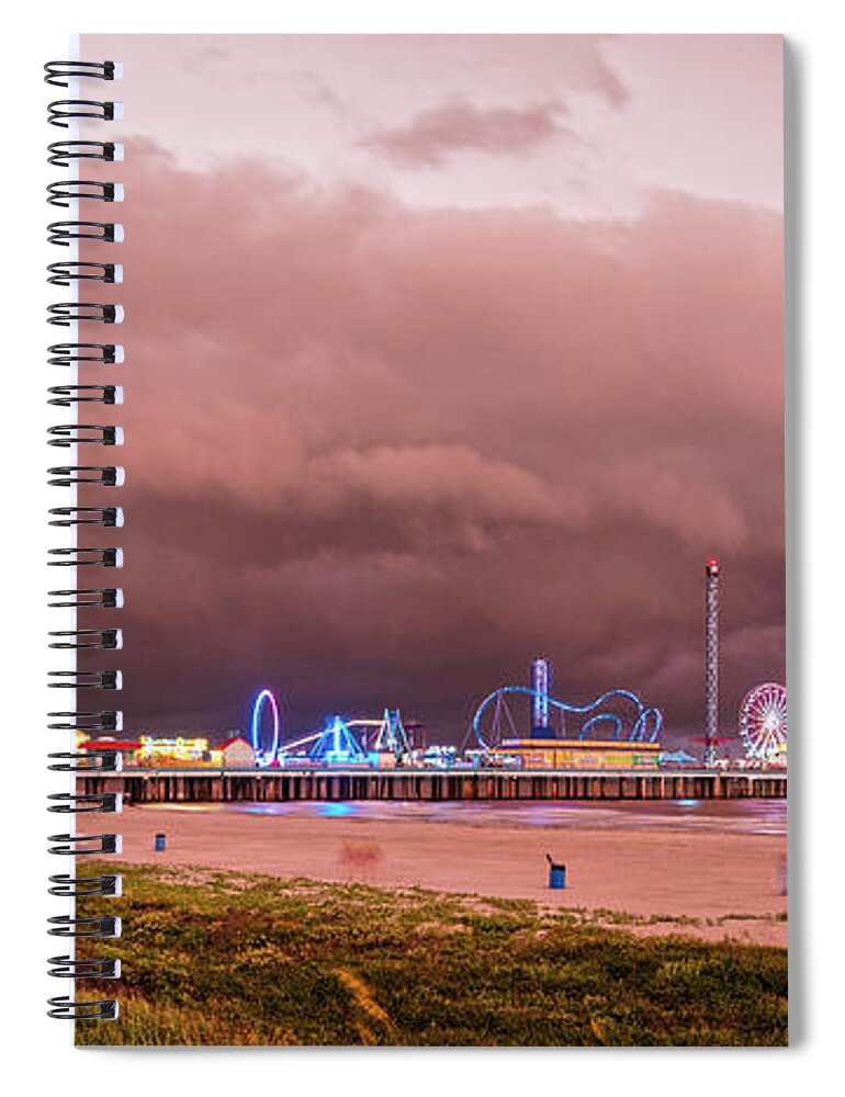 Galveston Spiral Notebook featuring the photograph Panorama of Historic Galveston Pleasure Pier with Approaching Storm Above Galveston Seawall Texas by Silvio Ligutti