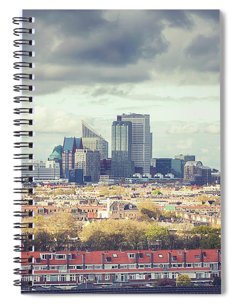 Downtown Spiral Notebook featuring the photograph panorama of the Hague modern city by Ariadna De Raadt