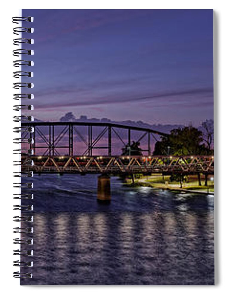 Downtown Spiral Notebook featuring the photograph Panorama of Waco Suspension Bridge Over the Brazos River at Twilight - Waco Central Texas by Silvio Ligutti