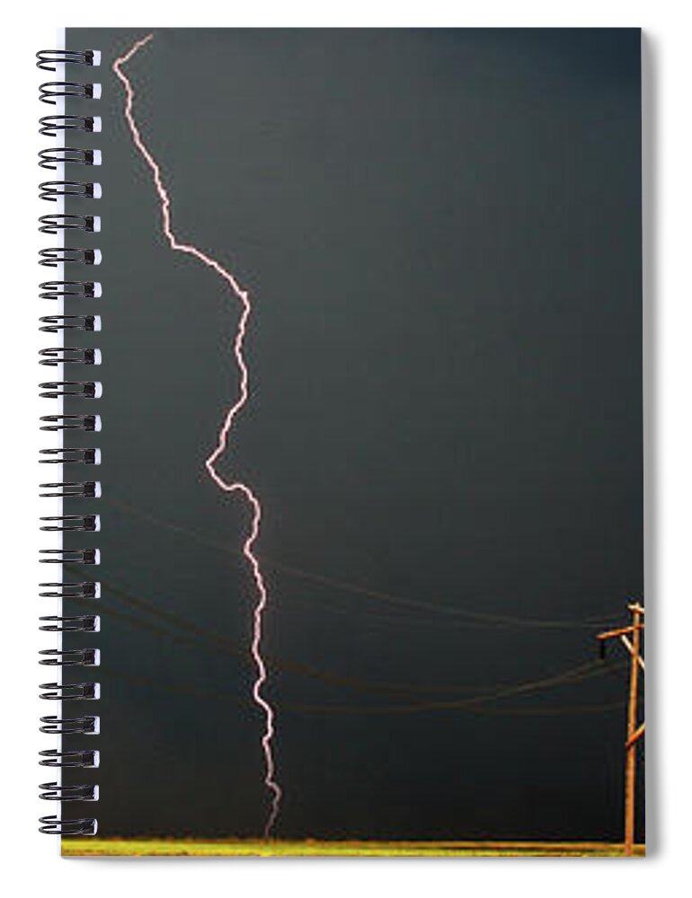  Spiral Notebook featuring the digital art Panoramic Lightning Storm and Power Poles by Mark Duffy