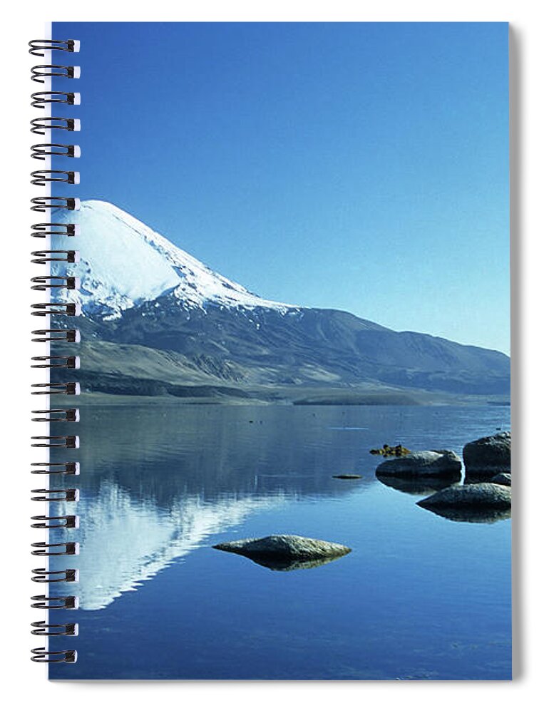 Chile Spiral Notebook featuring the photograph Parinacota volcano reflections Chile by James Brunker