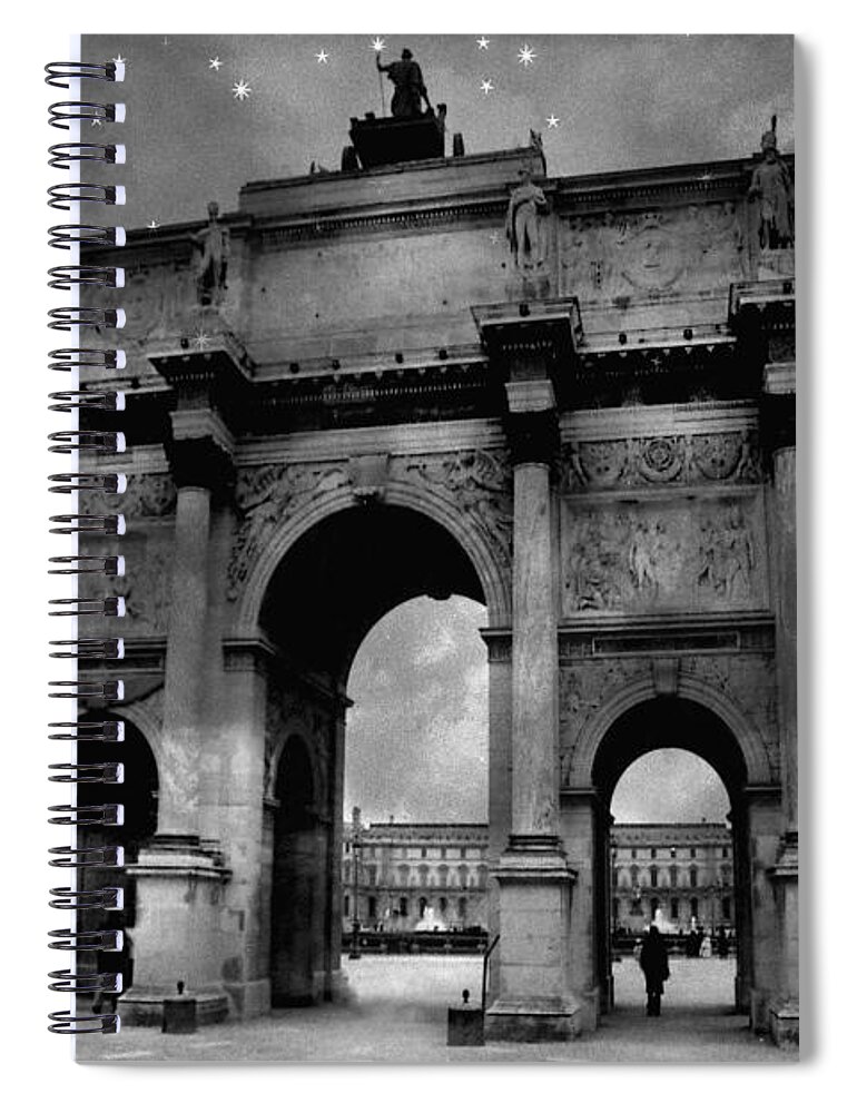 Louvre Spiral Notebook featuring the photograph Paris Louvre Entrance Arc de Triomphe Architecture - Paris Black White Starry Night Monuments by Kathy Fornal