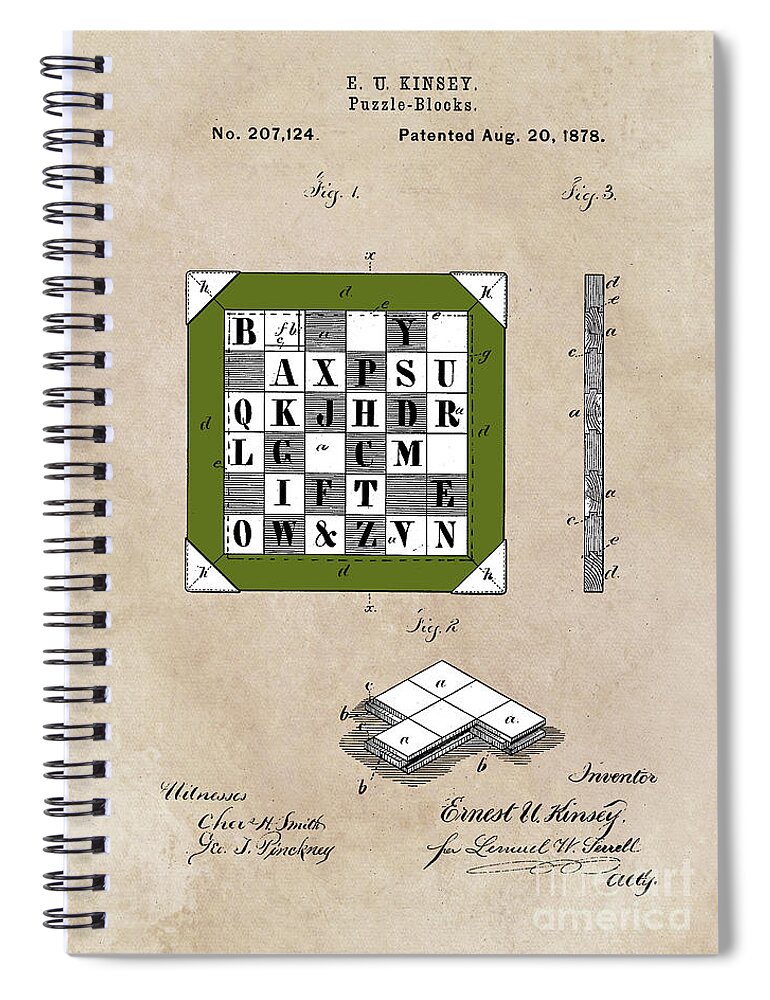 Patent Art Spiral Notebook featuring the digital art patent Kinsey Puzzle Blocks 1878 by Justyna Jaszke JBJart