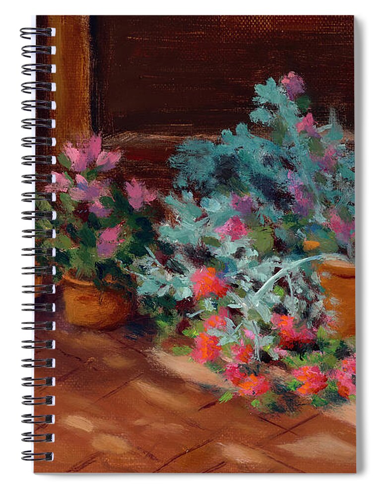 Terra Cotta Pots Spiral Notebook featuring the painting Patio Pots by Sandy Fisher