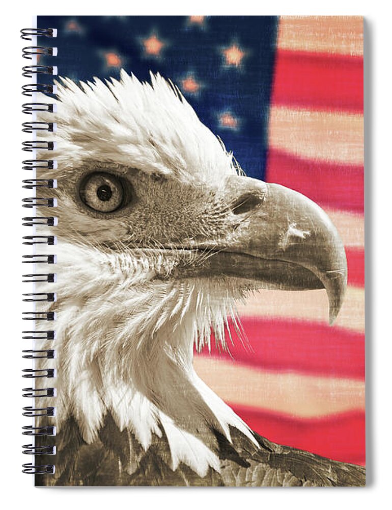 Bald Eagle Spiral Notebook featuring the photograph Patriot, Bald eagle and american US flag by Delphimages Flag Creations