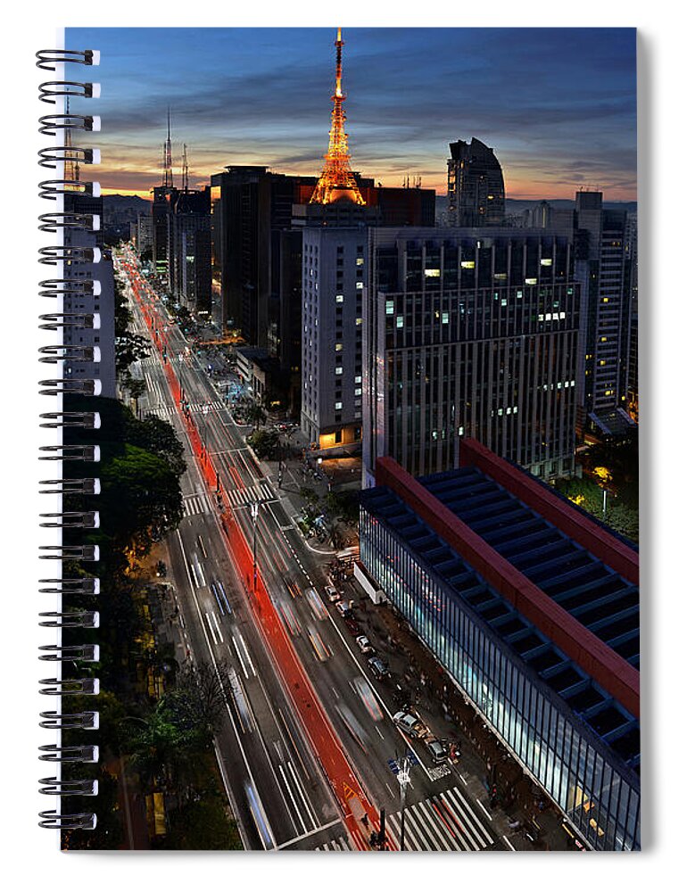 Brazil Spiral Notebook featuring the photograph Paulista Avenue and MASP at Dusk - Sao Paulo - Brazil by Carlos Alkmin