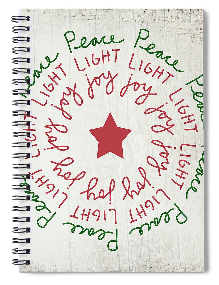 Peace Spiral Notebook featuring the mixed media Peace Light Joy Wreath- Art by Linda Woods by Linda Woods