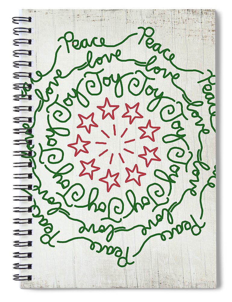 Peace Spiral Notebook featuring the mixed media Peace Love Joy Wreath- Art by Linda Woods by Linda Woods