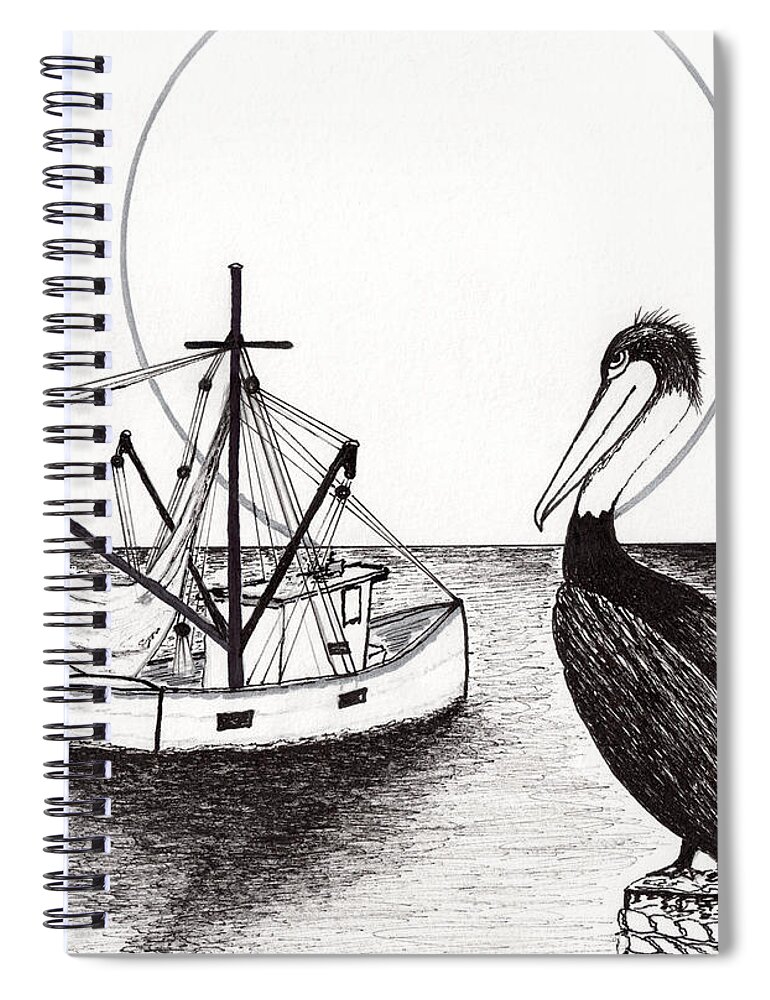 Pelican Spiral Notebook featuring the drawing Pelican Fishing Paradise C1 by Ricardos Creations