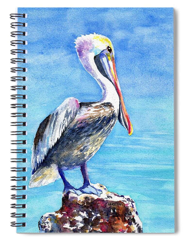 Pelican Spiral Notebook featuring the painting Pelican on a Post by Carlin Blahnik CarlinArtWatercolor