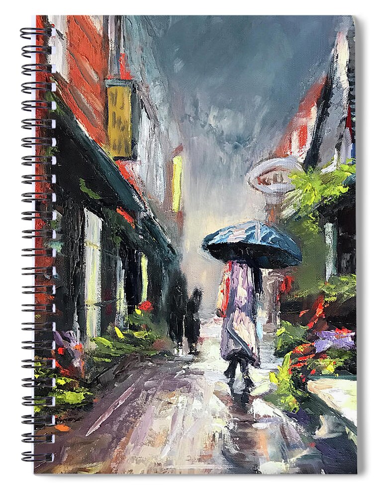  Spiral Notebook featuring the painting Penny Lane in the Rain by Josef Kelly