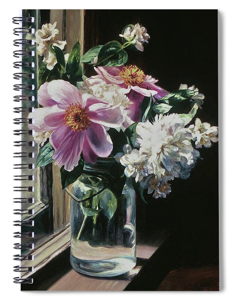 Peonies Spiral Notebook featuring the painting Peonies in Ball Jar by Marie Witte
