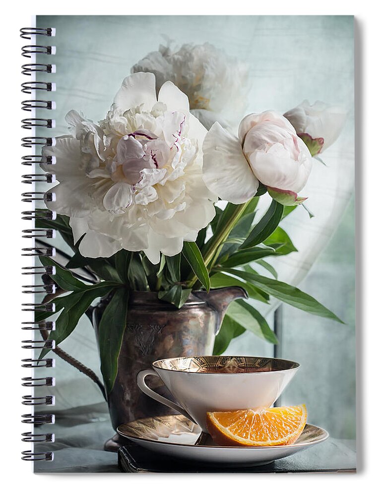Peony Spiral Notebook featuring the photograph Peonies Tea and Oranges by Maggie Terlecki