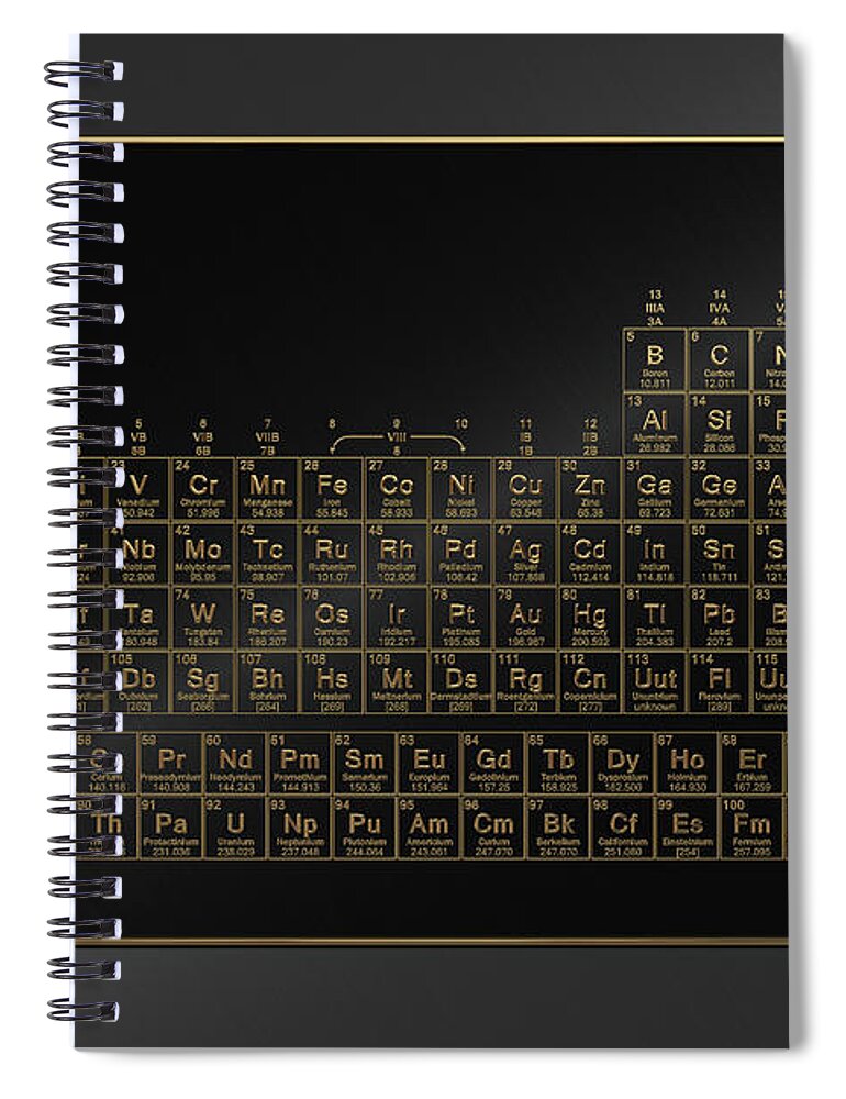 'the Elements' Collection By Serge Averbukh Spiral Notebook featuring the digital art Periodic Table of Elements - Gold on Black Metal by Serge Averbukh