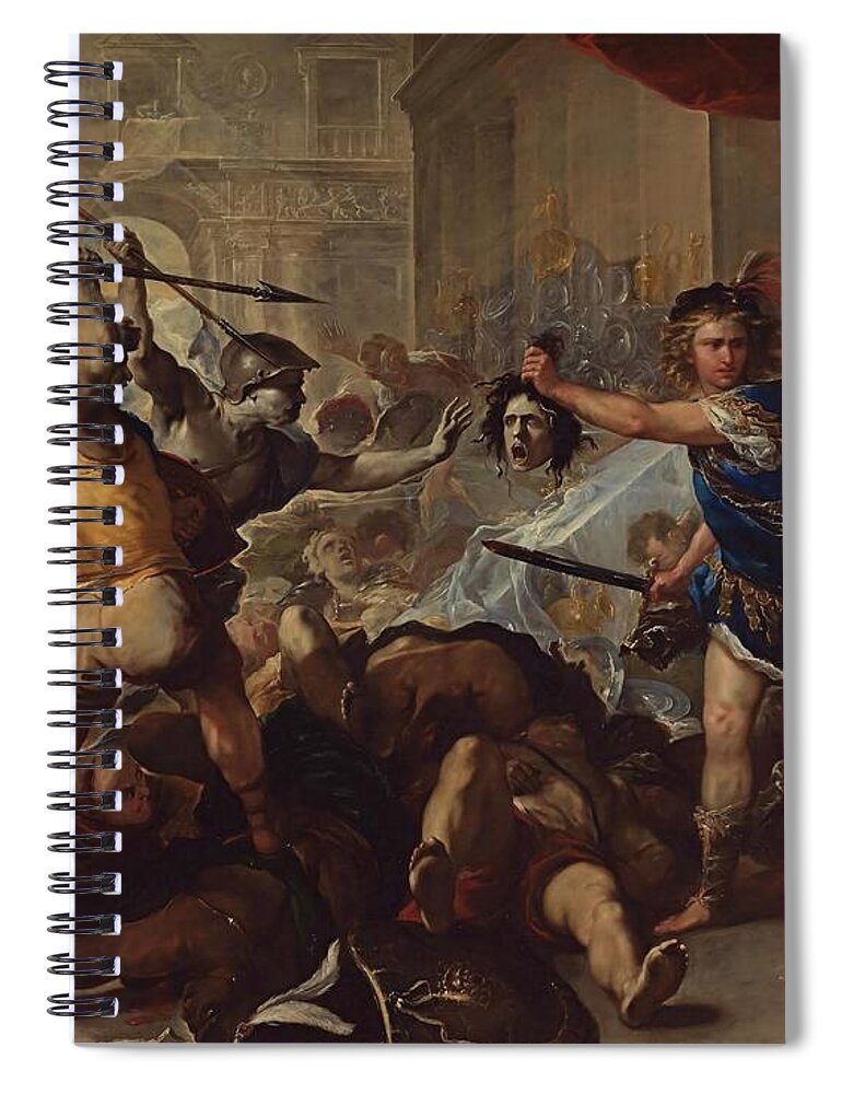 Luca Giordano Spiral Notebook featuring the painting Perseus fights Phineas by Luca Giordano