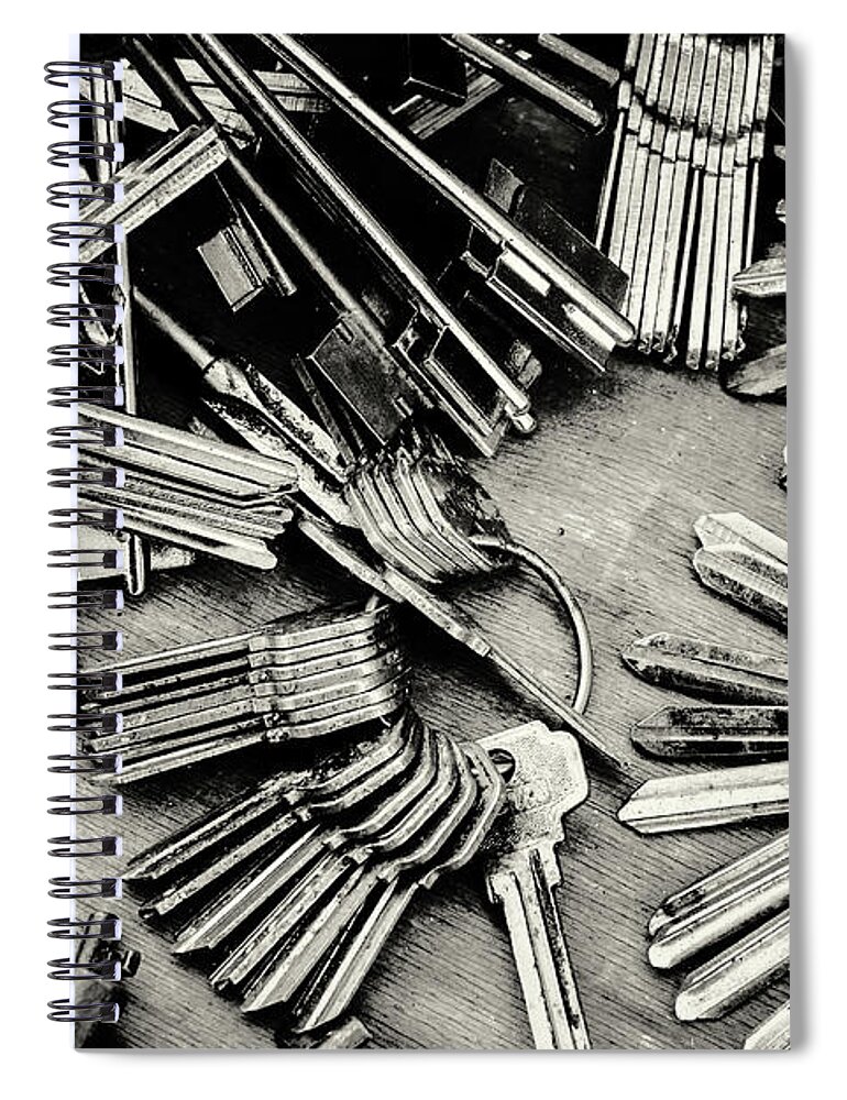 Metal Key Spiral Notebook featuring the photograph Piles of Blank Keys in Monochrome by John Williams