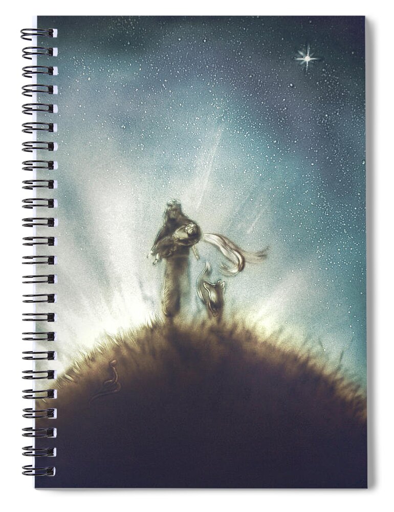 The Little Prince Spiral Notebook featuring the painting Pilot, Little Prince and Fox by Elena Vedernikova