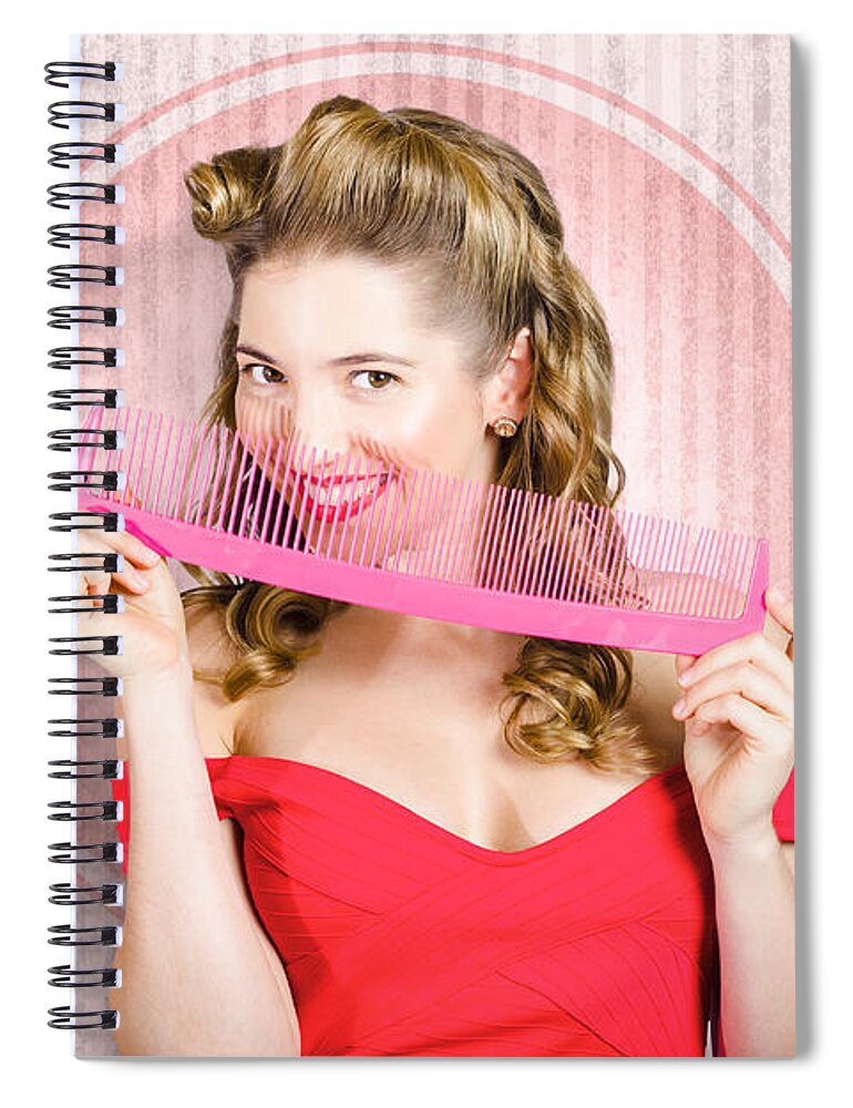 Hair Spiral Notebook featuring the photograph Pin up hairdresser woman with hair salon brush by Jorgo Photography