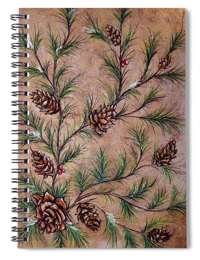 Acrylic Spiral Notebook featuring the painting Pine Cones and Spruce Branches by Nancy Mueller